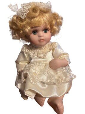 Vintage McField Porcelain Articulated Doll Blonde Green Eyes Curls Estate Stand